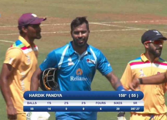 Hardik Pandya hit unbeaten 158 runs in 55 balls with help of 20 sixes